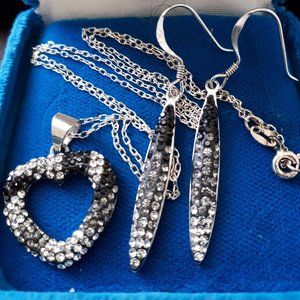 Necklace and Matching Earring Set - Ombre Black, Gray, White - Sterling Silver